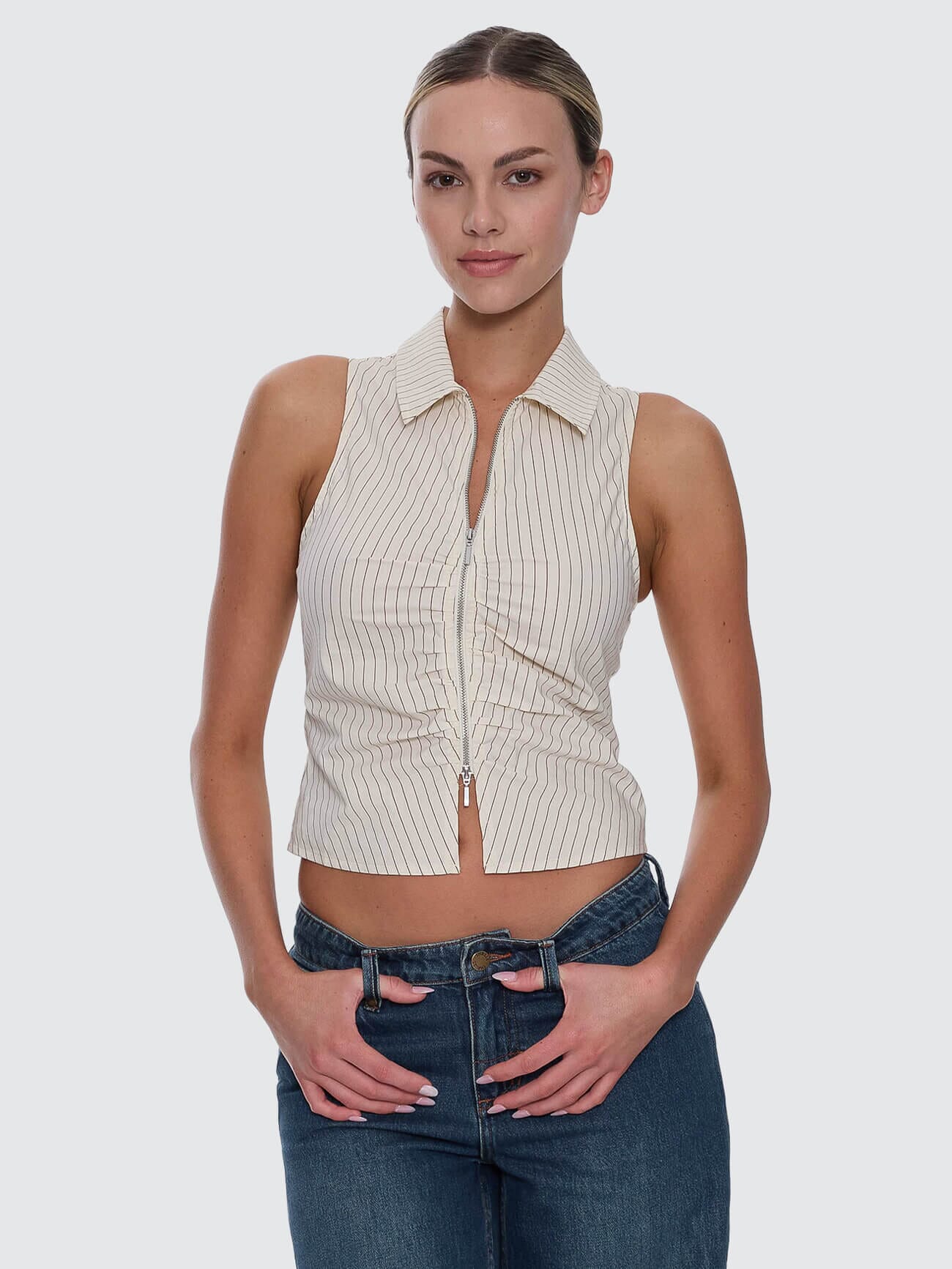 Andy Zip Sleeveless Shirt - Butter Cream Stripe - Image 3