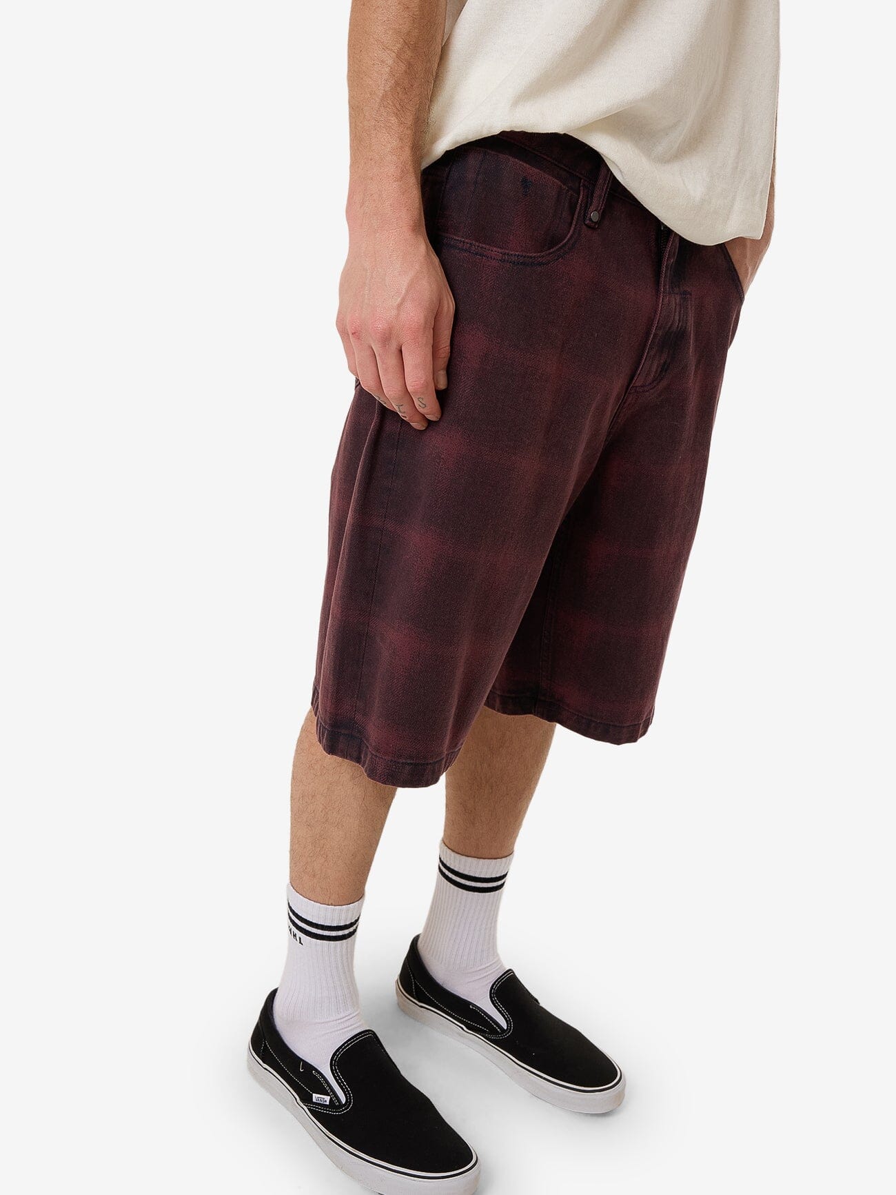 Big Slacker Barrio Check Denim Short - Deep Plum - Image 5