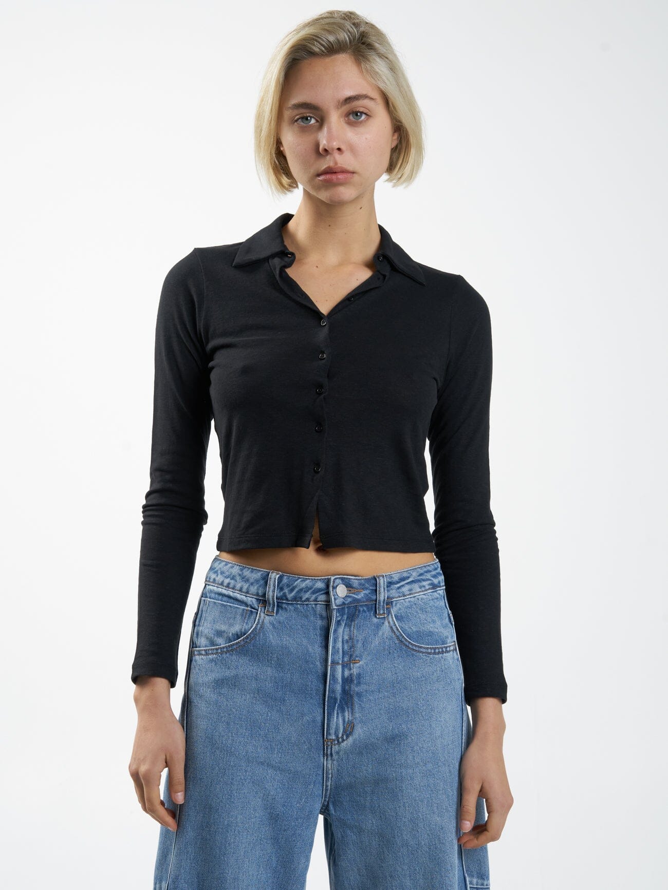 Hemp Collared Long Sleeve - Black - Image 5