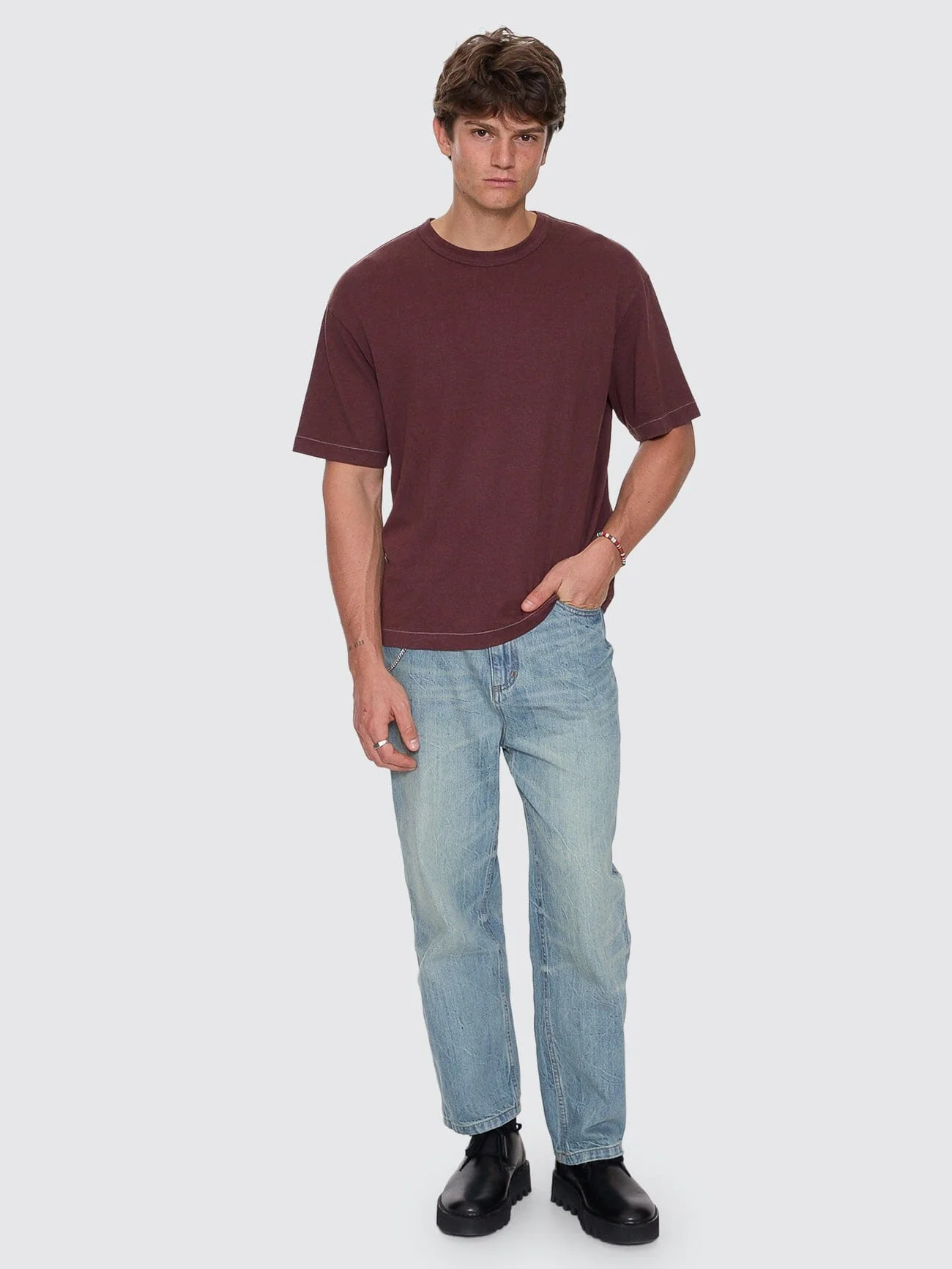 Hemp Contrast Stitch Box Oversize Crop Tee - Bitter Chocolate - Image 3