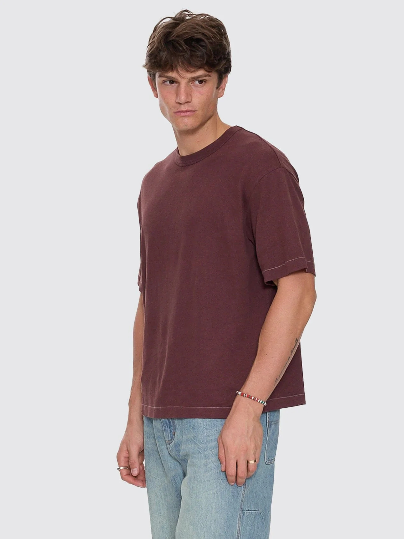 Hemp Contrast Stitch Box Oversize Crop Tee - Bitter Chocolate - Image 4