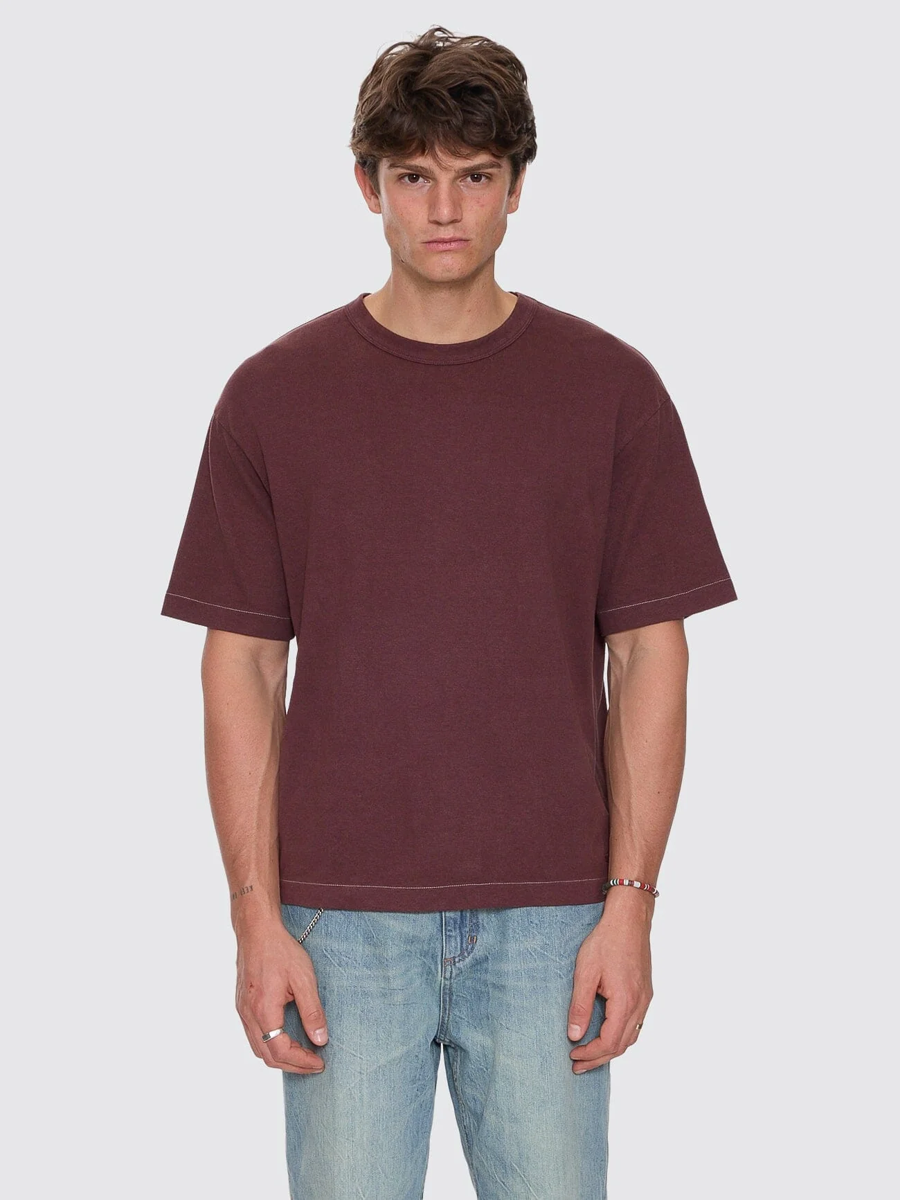 Hemp Contrast Stitch Box Oversize Crop Tee - Bitter Chocolate - Image 7