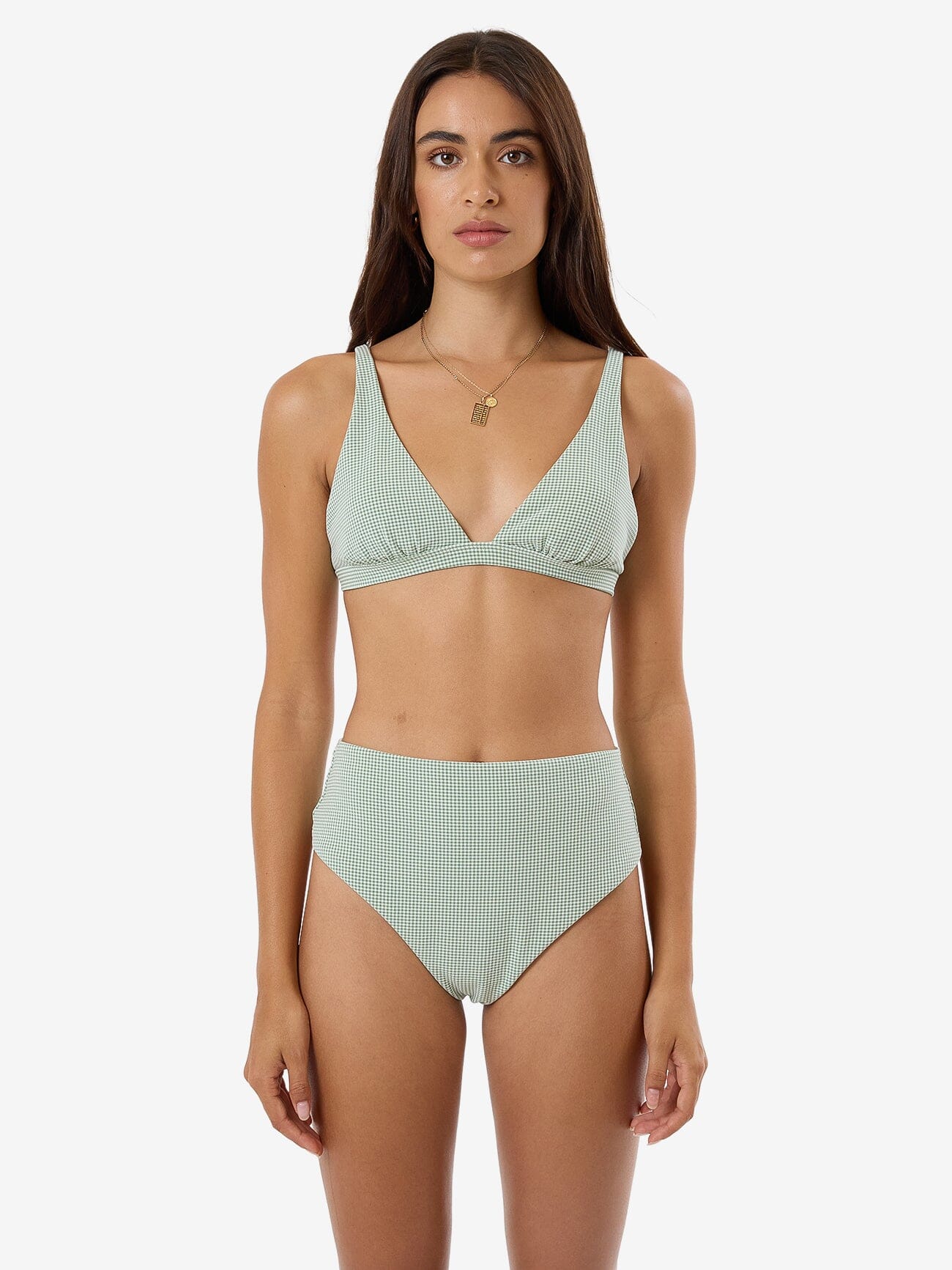 Lou Gingham Tall Triangle Bikini Top - Elm Green