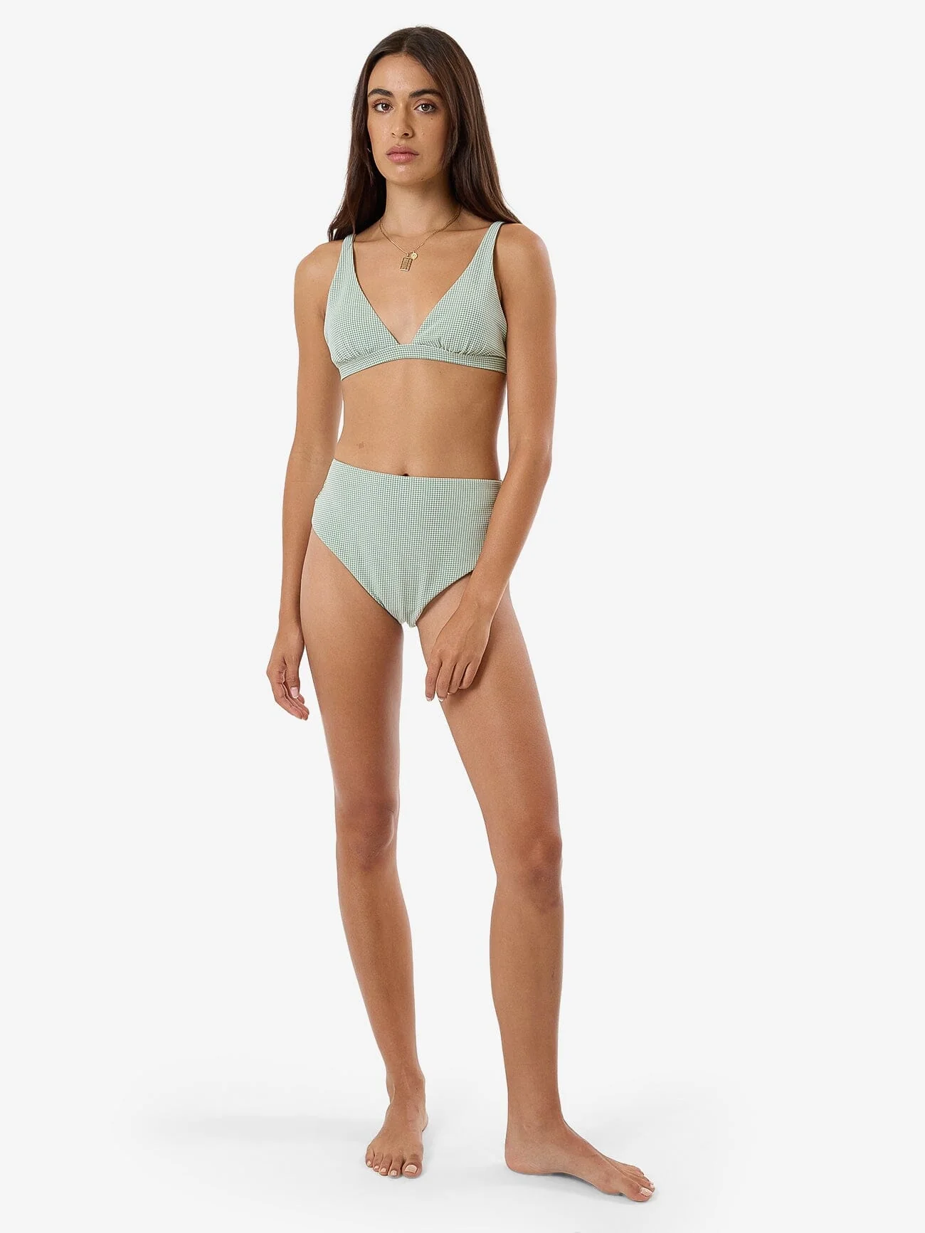 Lou Gingham Tall Triangle Bikini Top - Elm Green - Image 5
