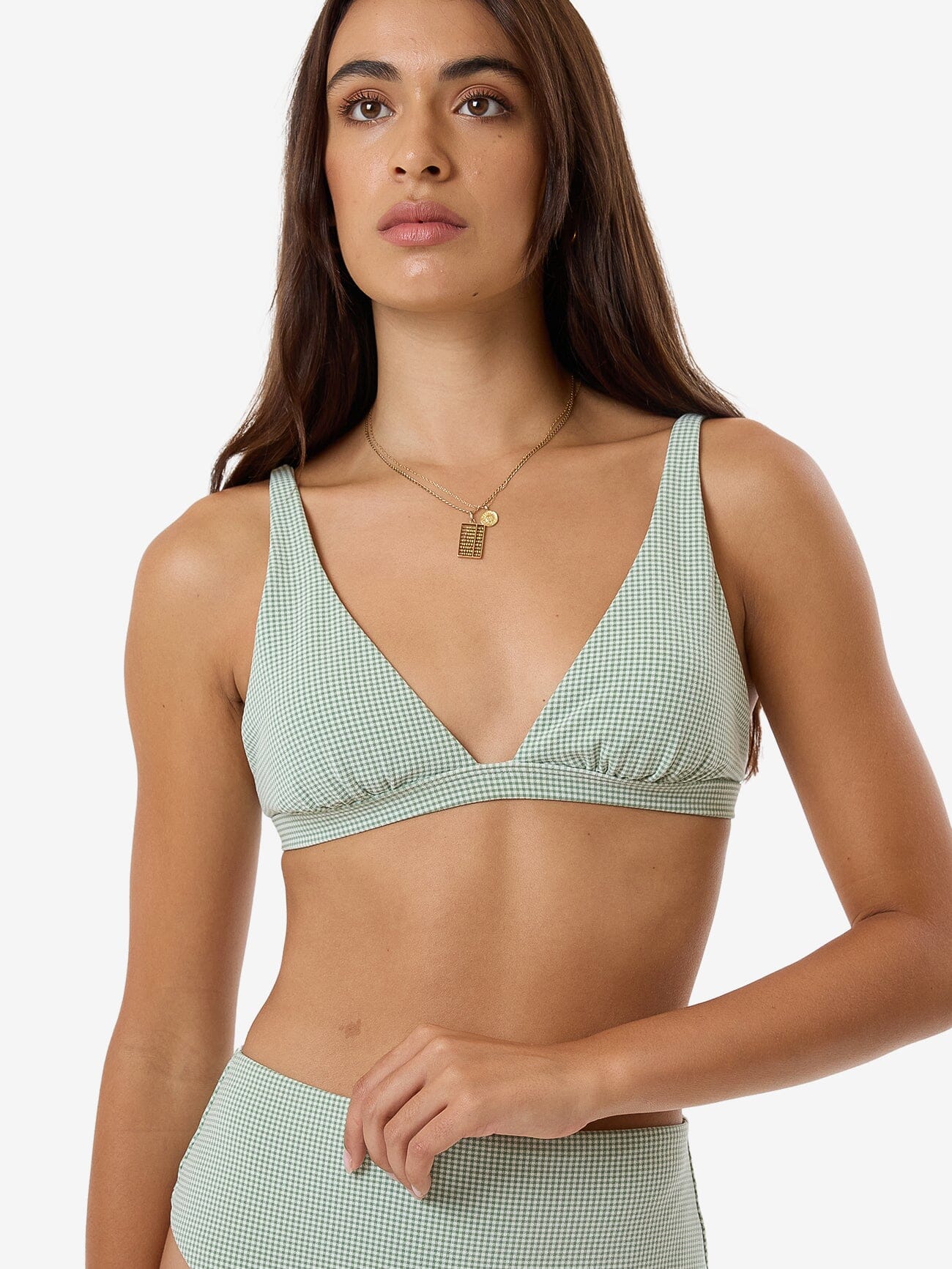 Lou Gingham Tall Triangle Bikini Top - Elm Green - Image 6