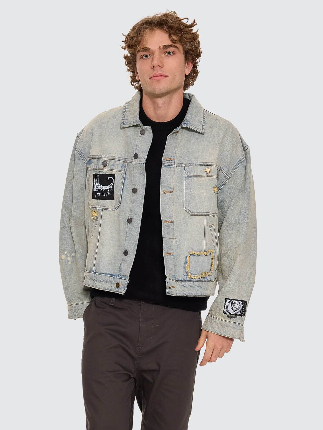 New Delusions Canyon Oversized Cropped Denim Jacket - Repaired Light Dirty Stone