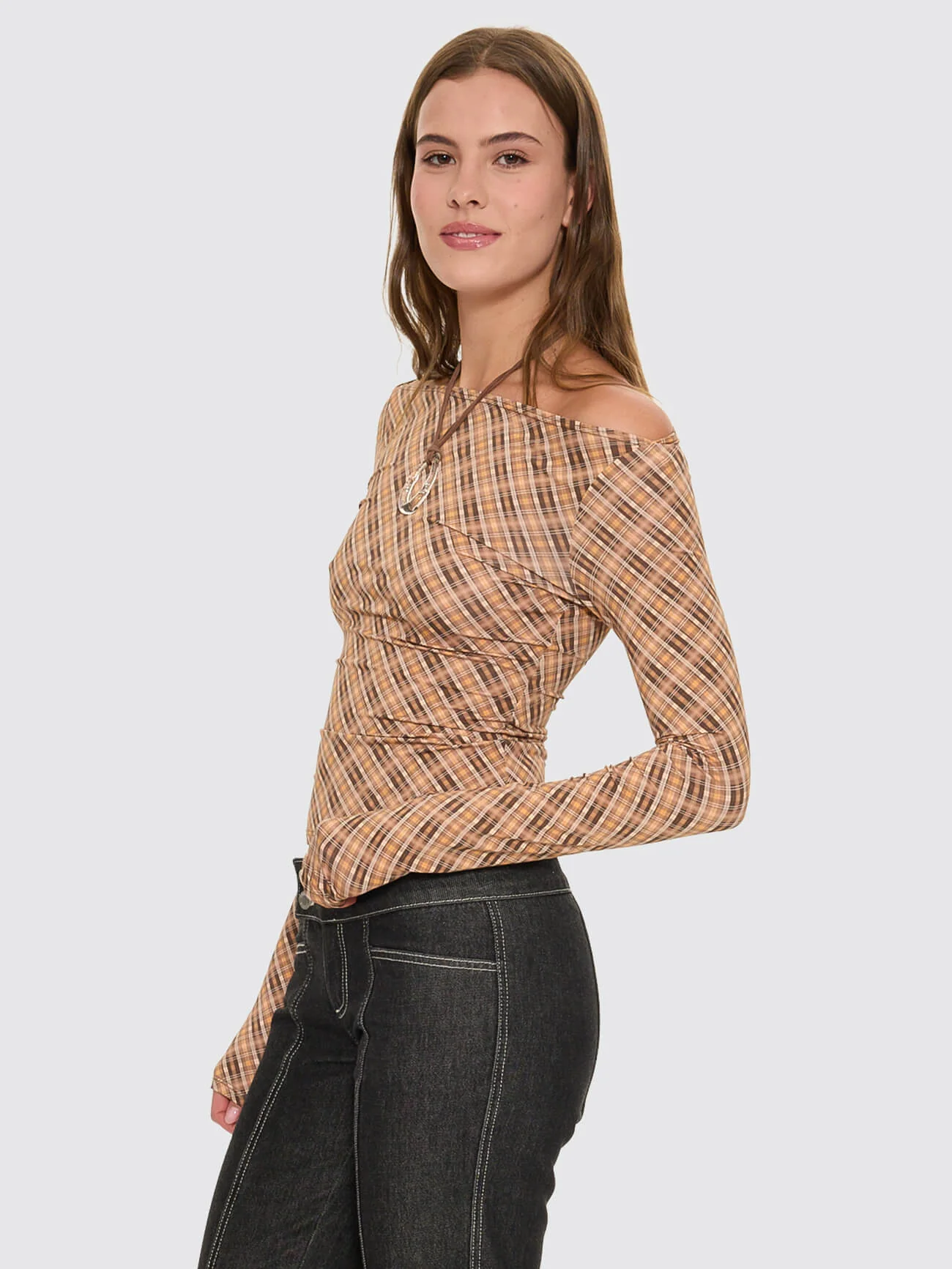 No Vacancy Check Long Sleeve Top - Cinnamon - Image 5