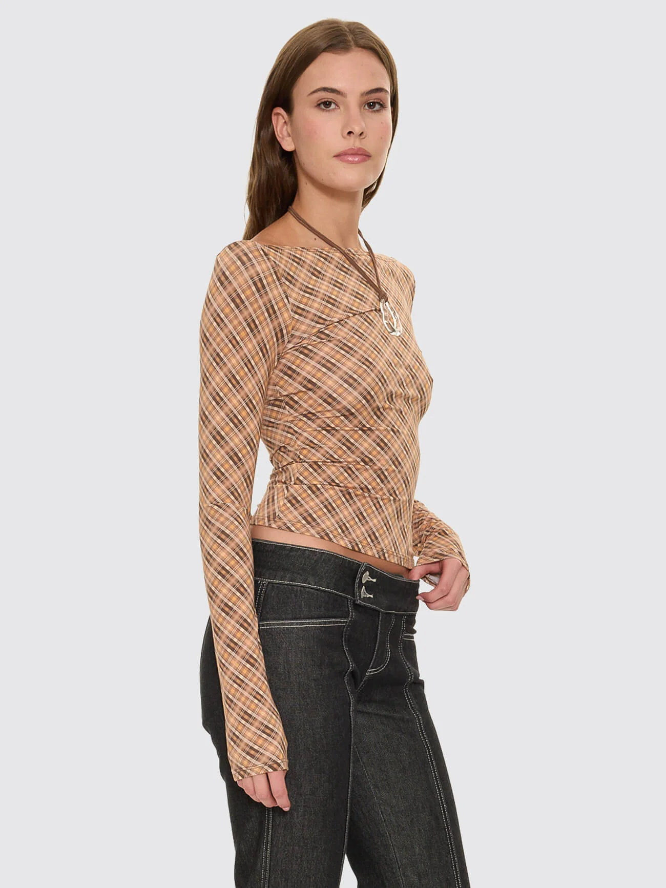 No Vacancy Check Long Sleeve Top - Cinnamon - Image 7