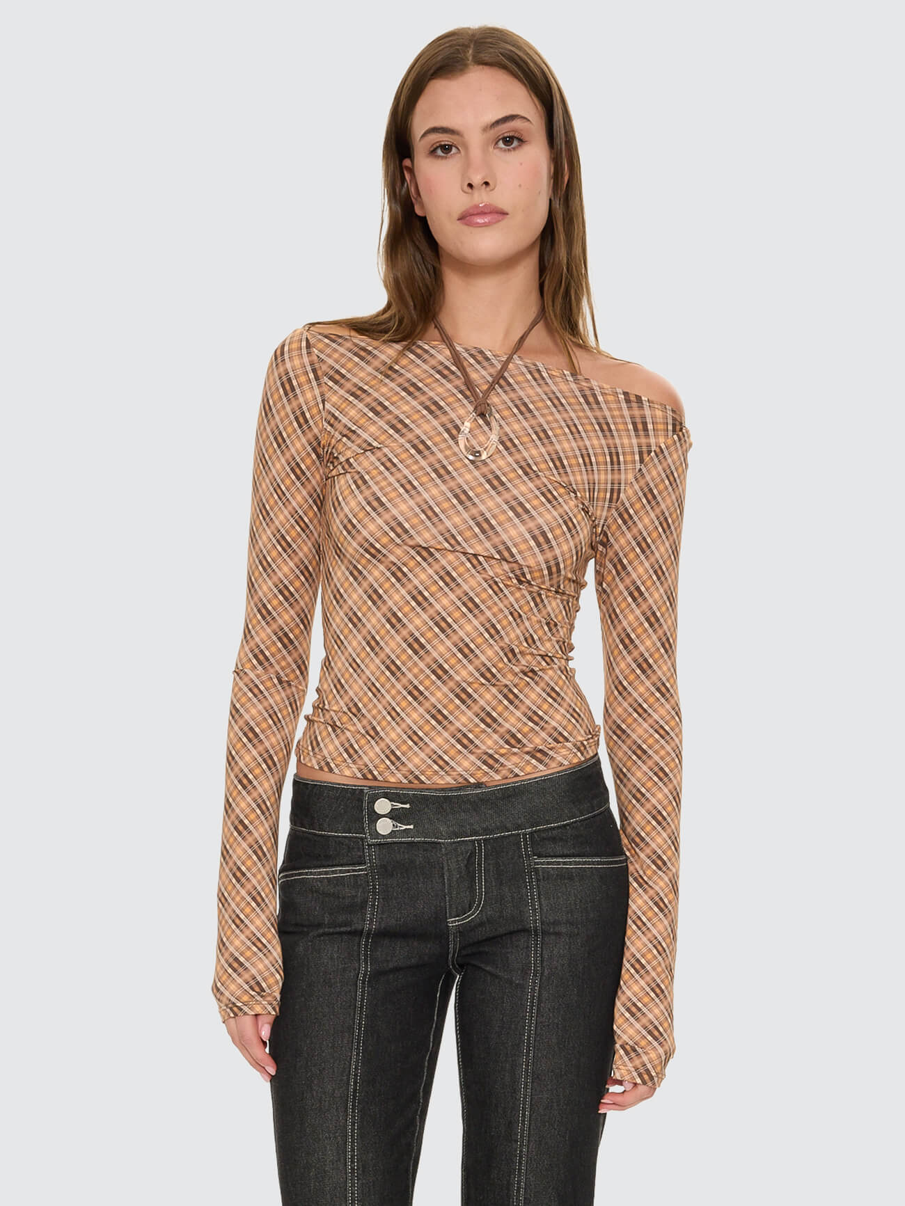No Vacancy Check Long Sleeve Top - Cinnamon - Image 9