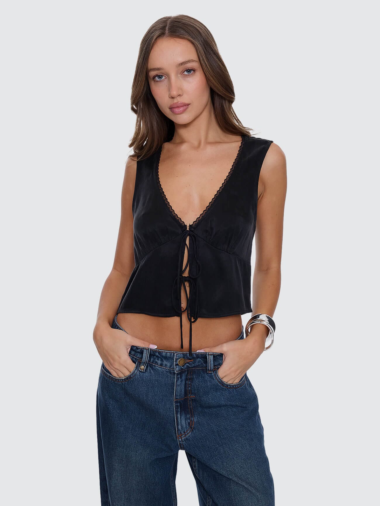 Saige Tie Front Top - Black - Image 3