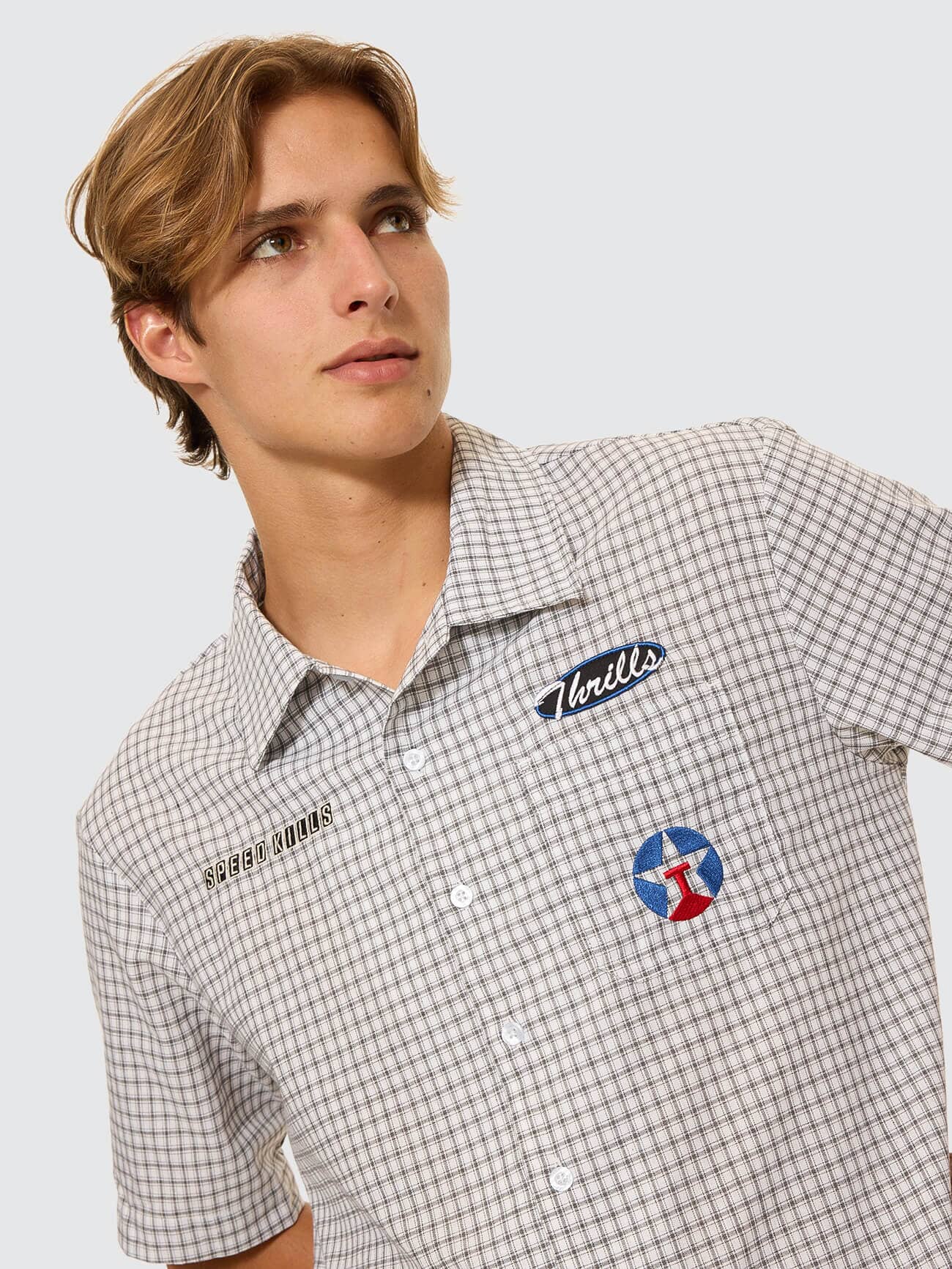 Super Charged Short Sleeve Cropped Check Work Shirt - White - Image 2
