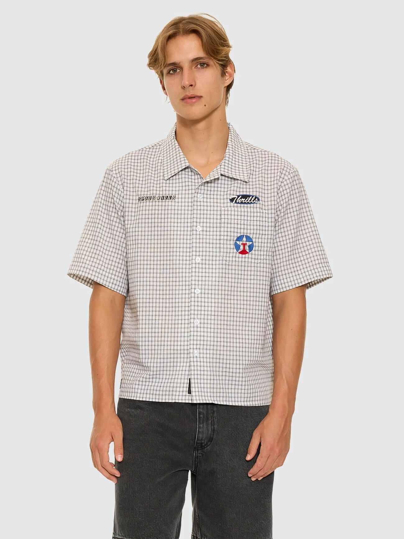 Super Charged Short Sleeve Cropped Check Work Shirt - White - Image 3