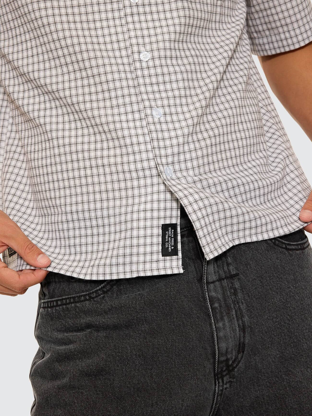 Super Charged Short Sleeve Cropped Check Work Shirt - White - Image 4