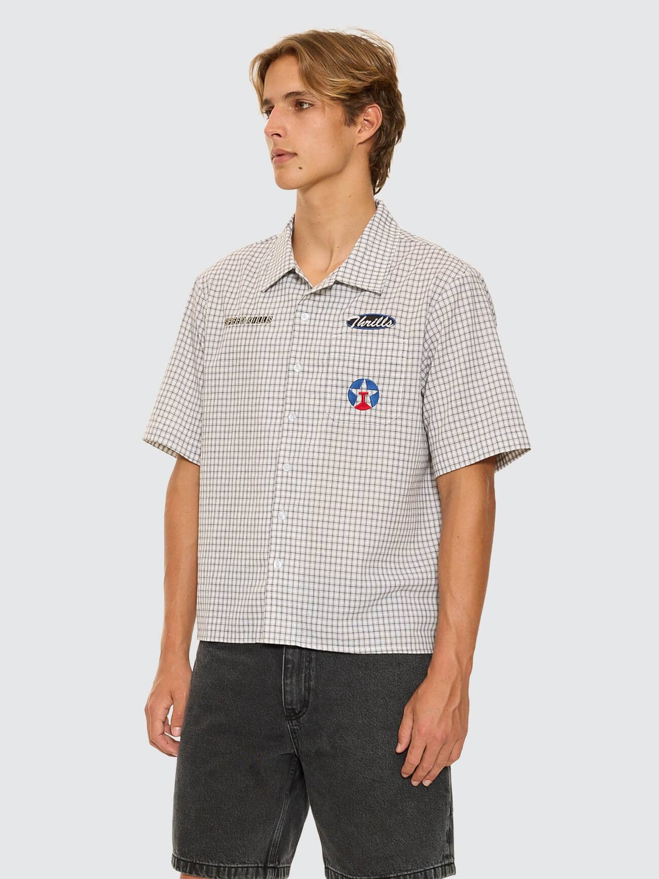 Super Charged Short Sleeve Cropped Check Work Shirt - White - Image 5