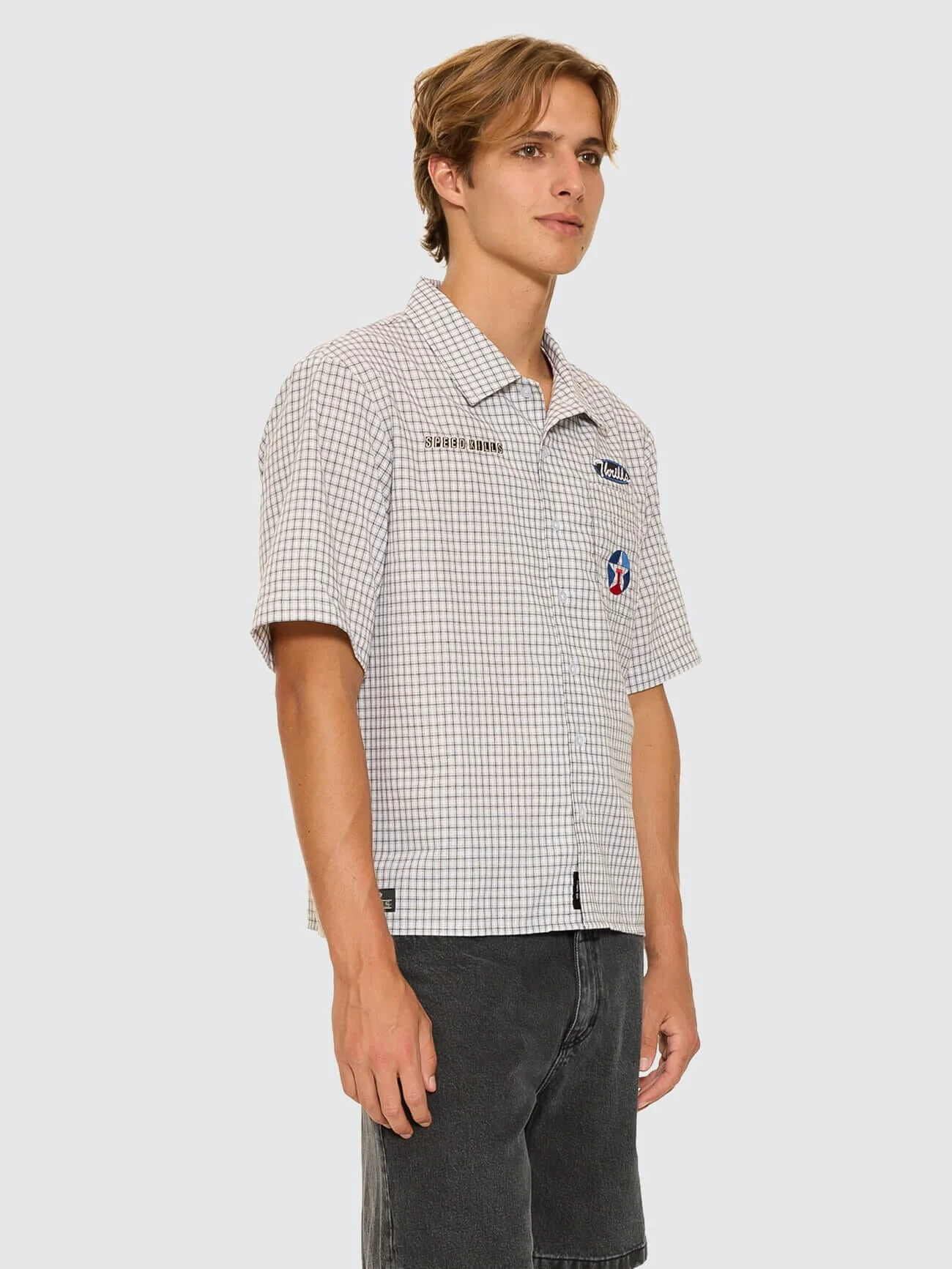 Super Charged Short Sleeve Cropped Check Work Shirt - White - Image 8