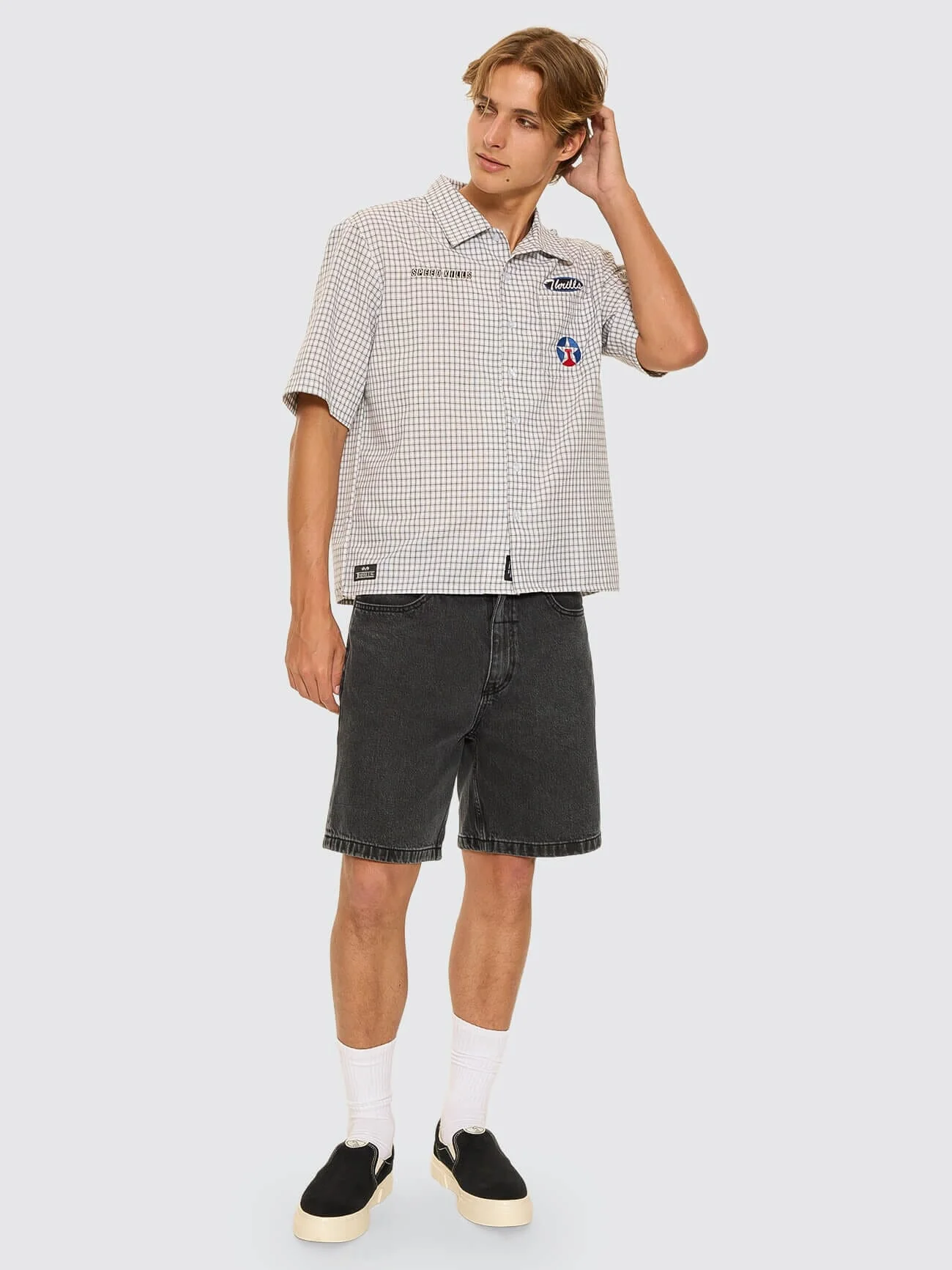 Super Charged Short Sleeve Cropped Check Work Shirt - White - Image 9